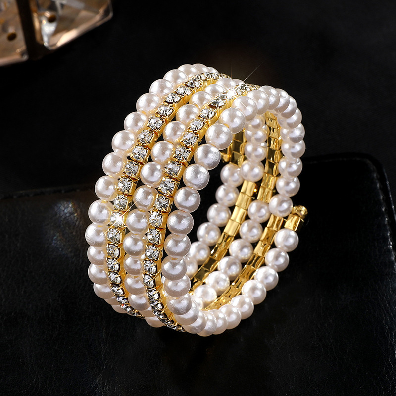 European and American new multi-layer winding Pearl bracelet bridal flash Diamond elastic bracelet cross-border live broadcast multi-row rhinestone bracelet European and American new multi-layer winding Pearl bracelet bridal flash Diamond elastic bracelet cross-border live broadcast multi-row rhinestone bracelet