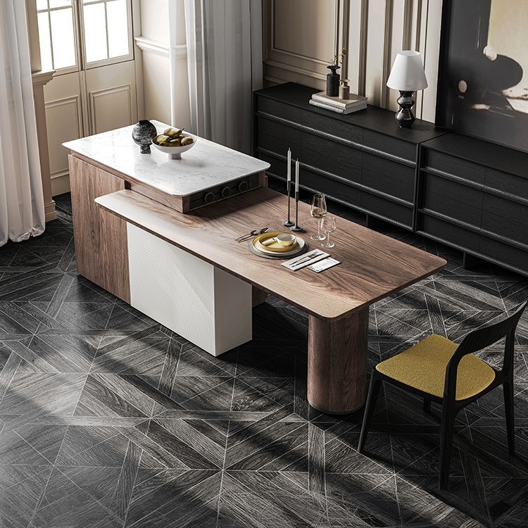 Mesa de comedor de un solo cuerpo de la plataforma de la isla, madera maciza de nogal negro, retráctil y estirado, mesa de guía medieval multifuncional de la isla, mesa de comedor