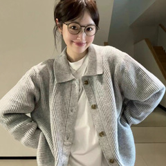 韩系休闲风灰色翻领单排扣毛衣外套女秋冬宽松百搭针织开衫女1234