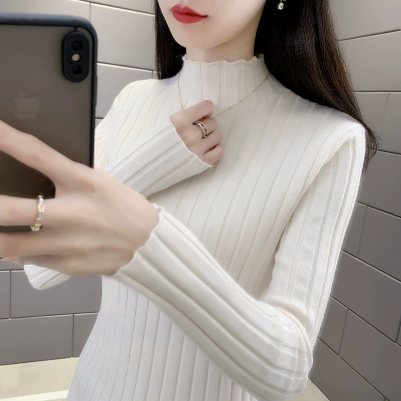 Black knitted elastic sweater, demi-season base body-friendly long-sleeve, slim fit