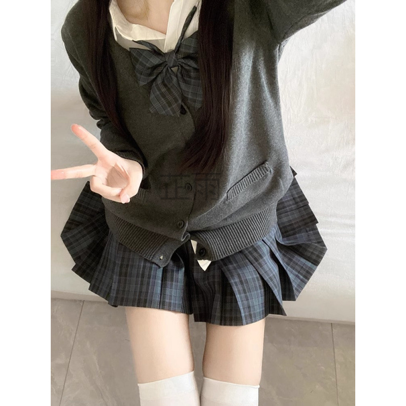ZY 발렌타인 데이 JK 스웨터 가을, 겨울 정장 일본 카디건 그레이 핑크 체크 무늬 플리츠 스커트 JK 스웨터