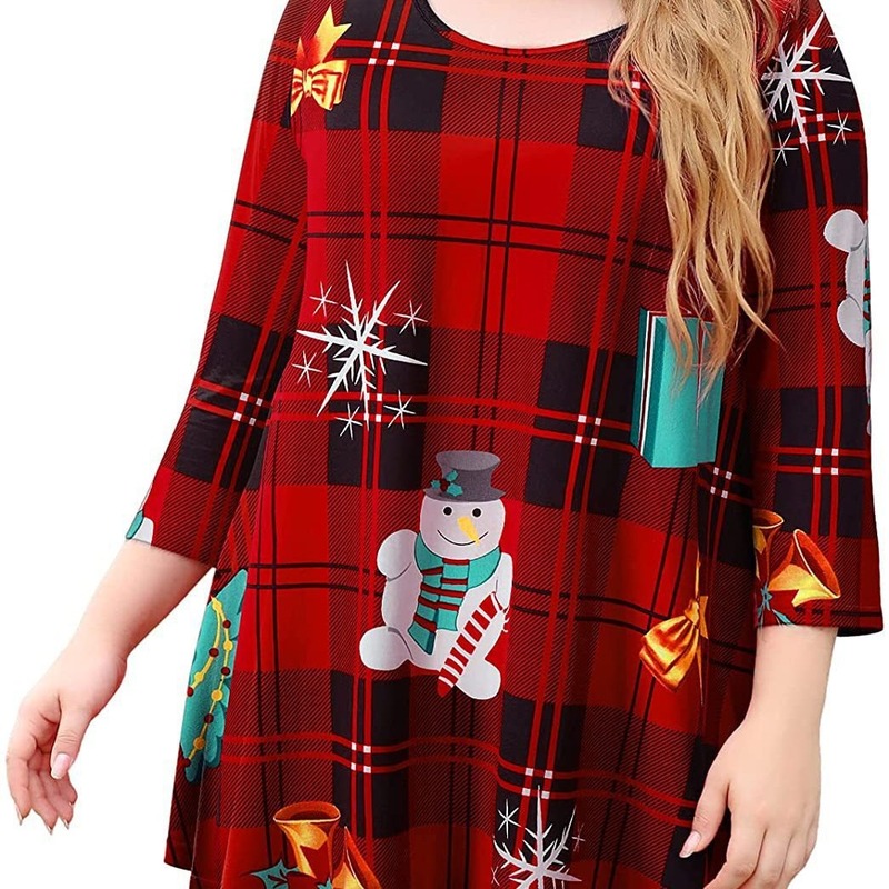 2025年アマゾン欧米女性用大きいサイズクリスマスプリントOネック長袖Tシャツトップス|undefined