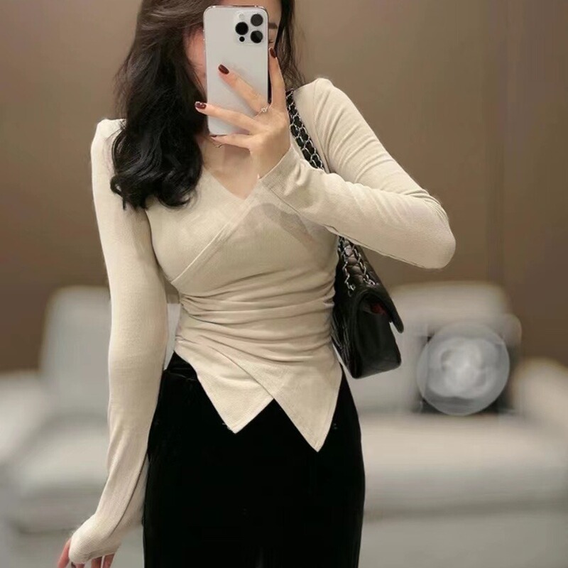Irregular cross V-neck long-sleeved T-shirt women's waist slimming short undershirt design sense niche top women