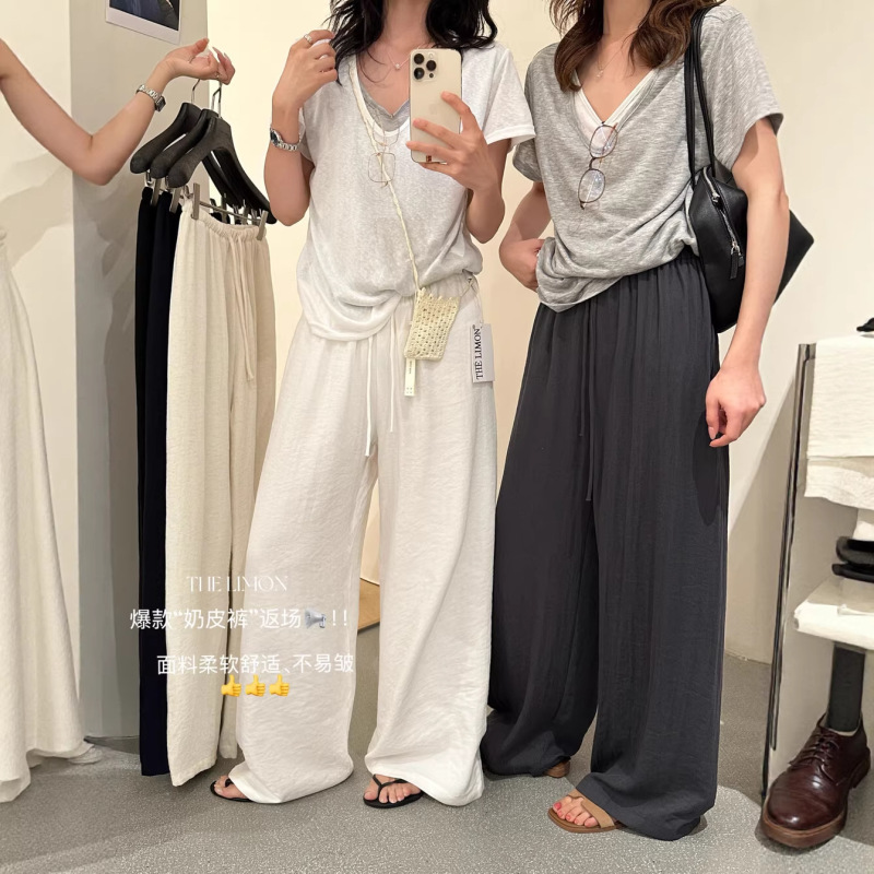Lemon Green Tea Pants with a Drapey, Slimming, Relaxed Fit, High-Waisted Wide-Leg Pants for Women, Soft Drawstring Casual Pants