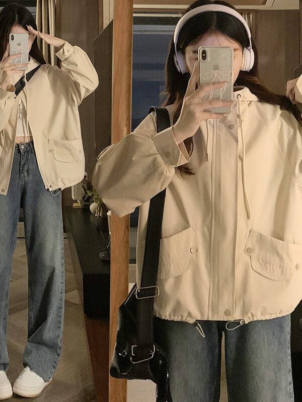 Real Shot of Off-White Hooded Workwear Jacket with Drawstring Loose Casual Jacket
