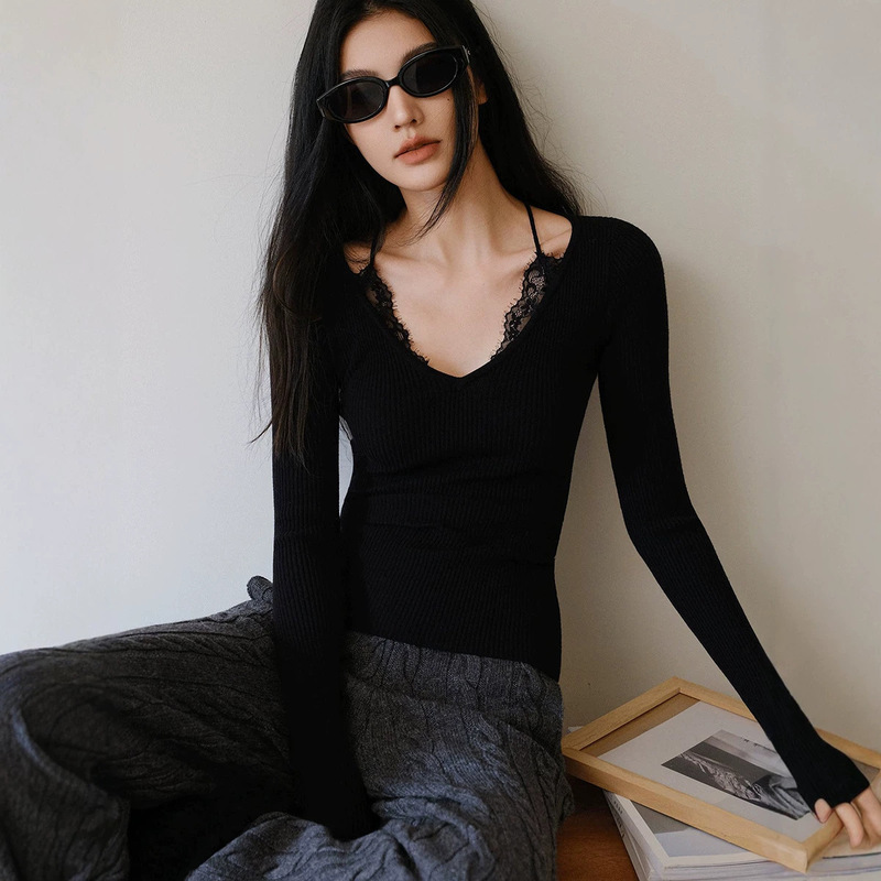 FRE UP French Lace Patchwork Wool Knit Base Shirt for Women, V-neck, Stretchy, Slimming, Versatile Top