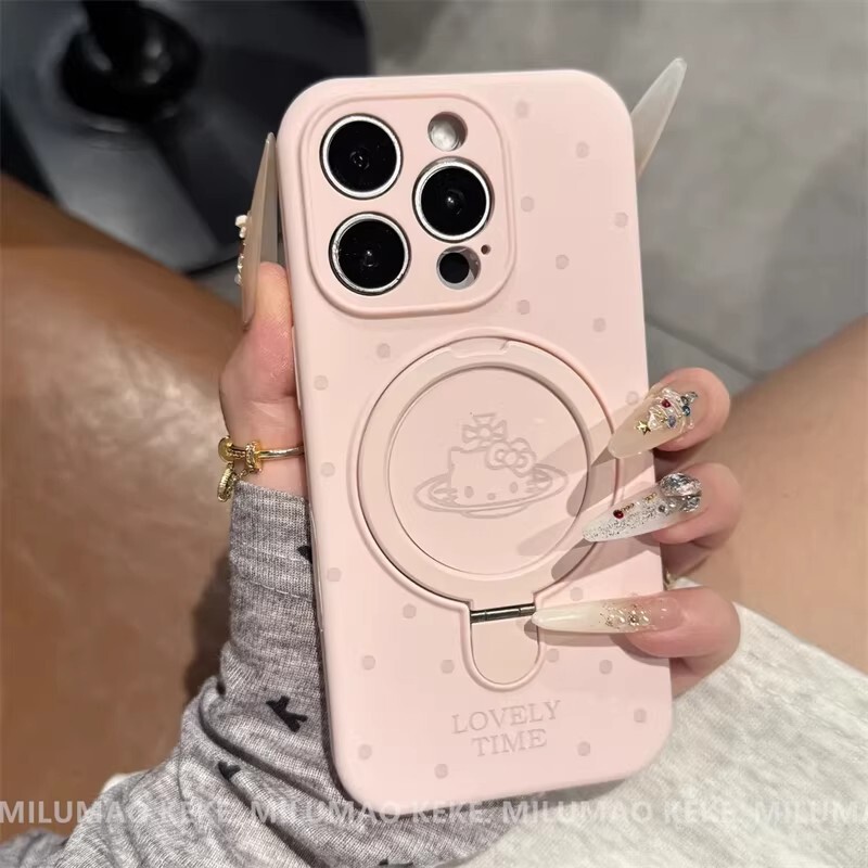 Suitable for Iphone17Promax Cute Polka Dot Kitty Cat Magnetic Holder Phone Case 16 Liquid Silicone