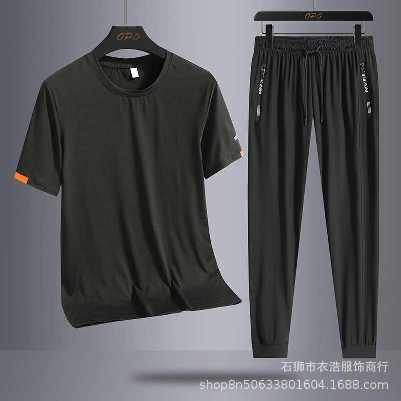 Conjunto casual de verano para hombre, de seda helada, de marca moderna, holgado, talla grande, de secado rápido, camiseta deportiva de dos piezas con pantalones largos.