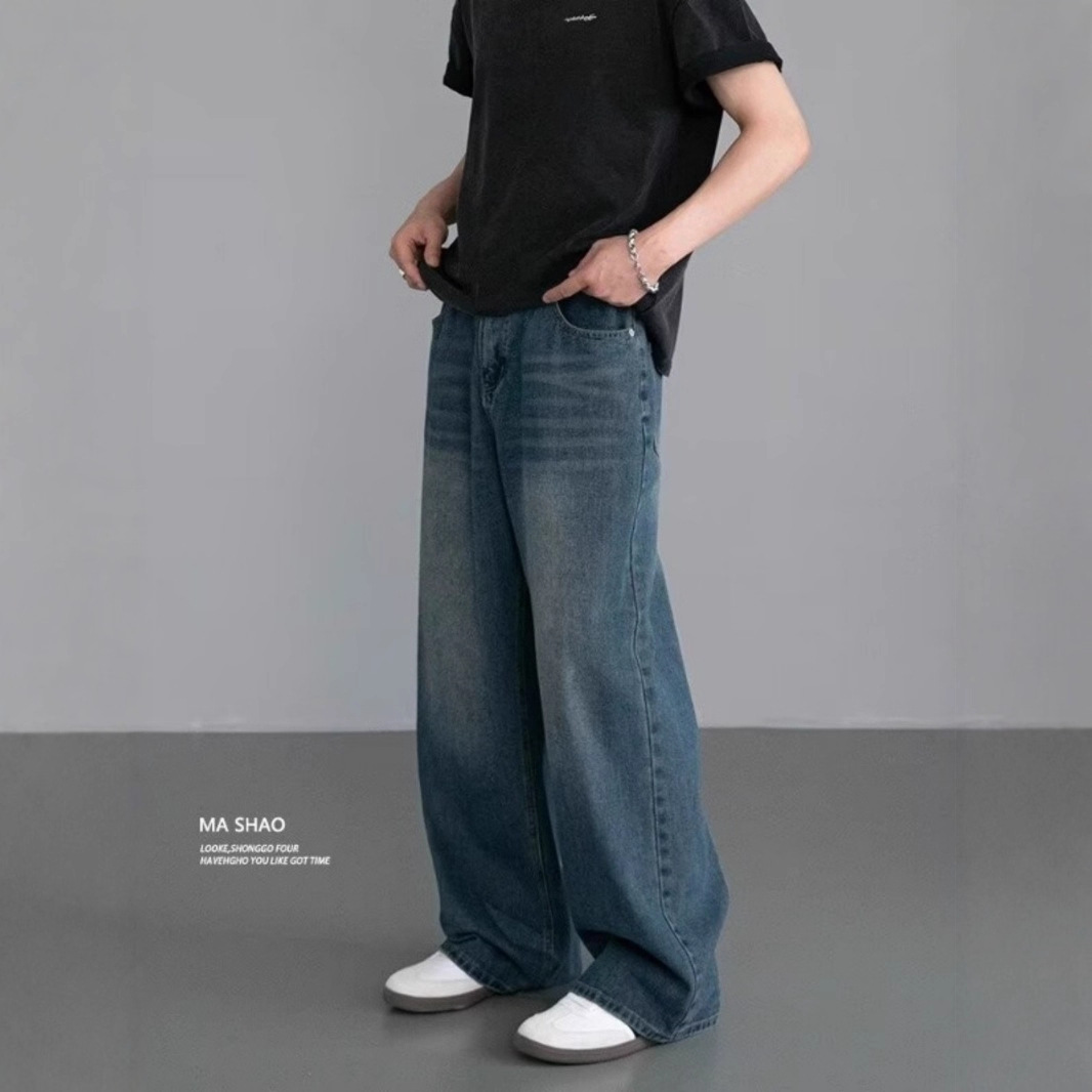 Vintage Wide-Leg Jeans for Men Relaxed Fit Distressed Denim Pants Washed Cotton Blend Mid-Rise Streetwear Staple_viptrois.com
