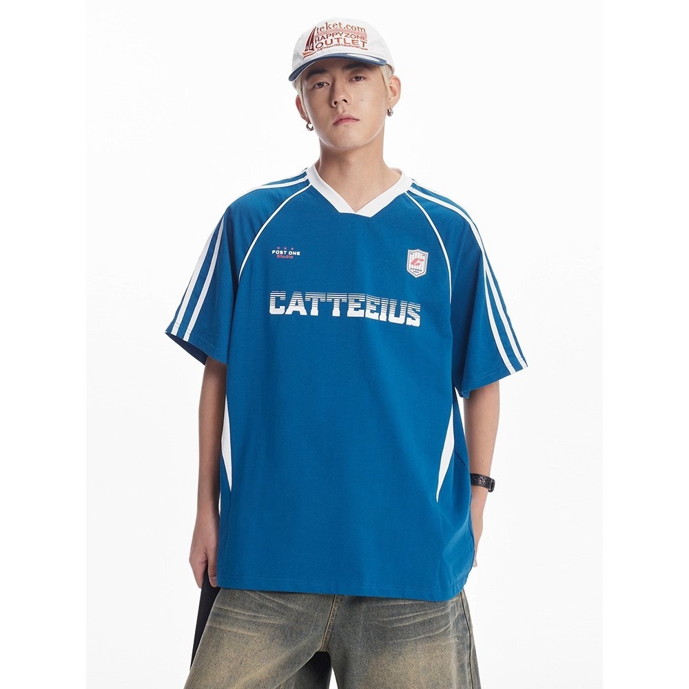 American-style Patchwork Striped V-neck Loose-fitting Short-sleeve T-shirt Men And Women, Hip-hop Street Racing Clothing_viptrois.com
