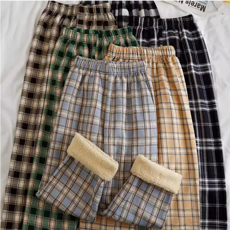 女性用の厚みのあるベルベットのチェック柄パンツ、新しい冬スタイル、スリムで多用途、ハイウエスト、ルーズ、カジュアル、ワイドレッグパンツ、ズボン|undefined