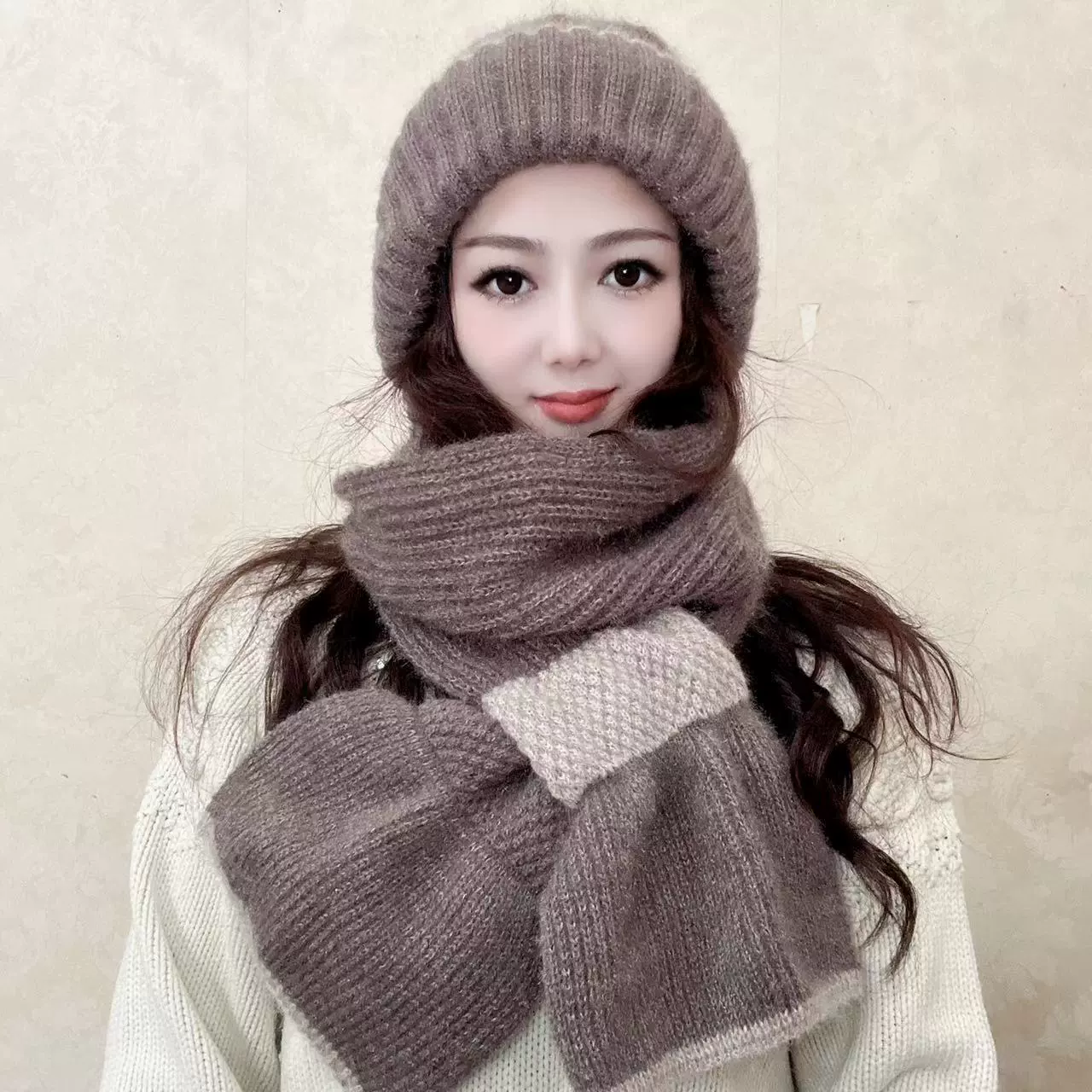 К knitted universal scarf with hood, woolen knitted hat