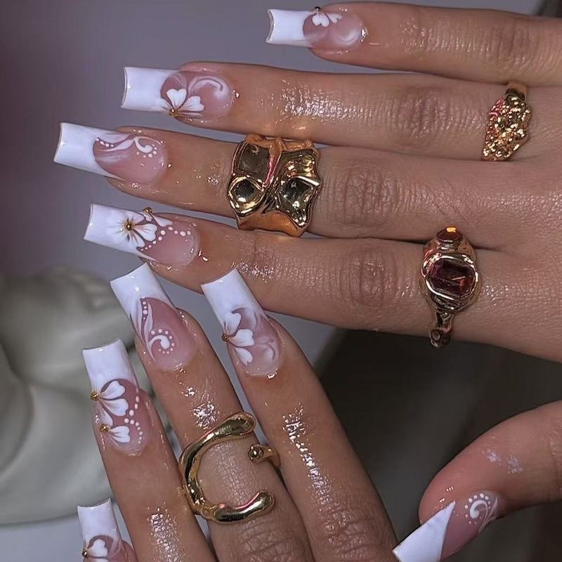 Casual and Romantic White French Smudged Flower Branches and Leaves Pattern Design 3D Gold Beads Decorative Manicure Nails Wearable Nails