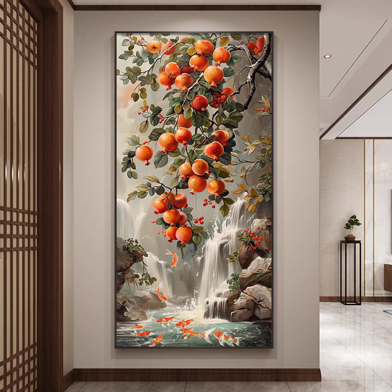 新中式石榴玄関装飾画、廊下掛け絵、玄関壁画、良い意味を持つ九魚図、中国風、国潮風|undefined