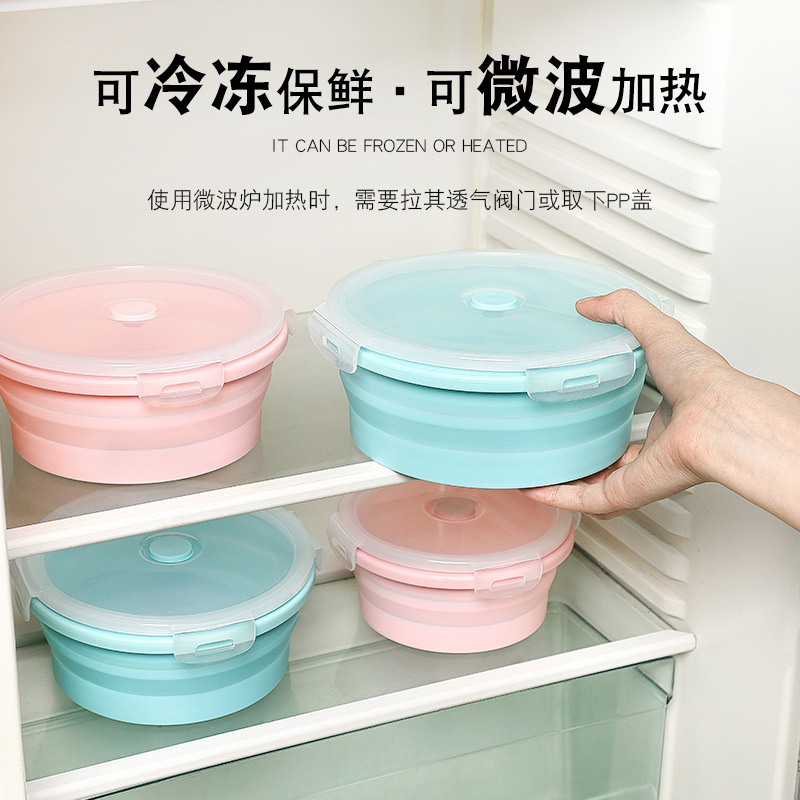 Fiambrera de silicona redonda horno microondas caja de conservación fresca plegable caja bento portátil empresa de plástico juego de tazones de conservación al por mayor