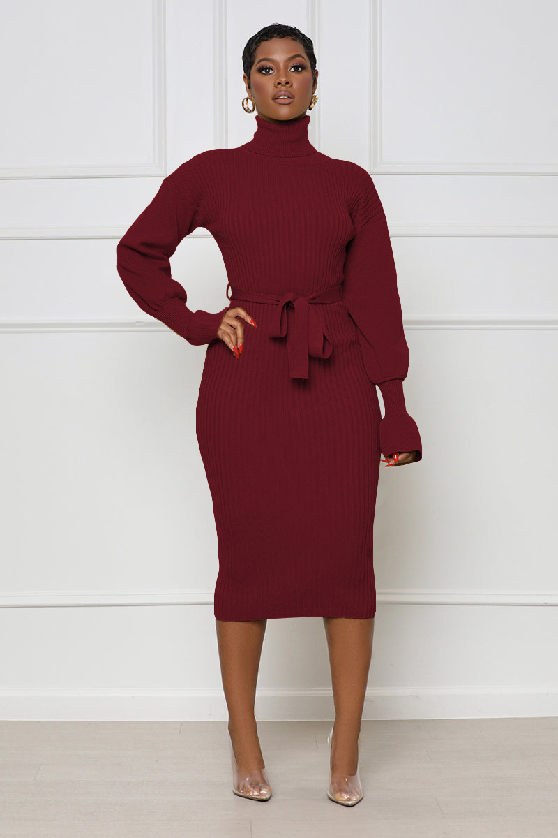 Women's Clothing solid color high collar knitted strap dress_voghion.com