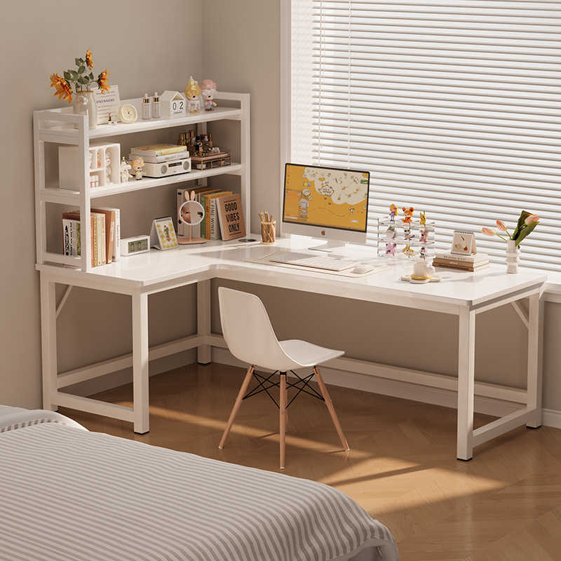 Corner Computer Table Home Bedroom Study Table L-Shaped Cream Style Hole Board Corner Desk Bookshelf Integrated Table