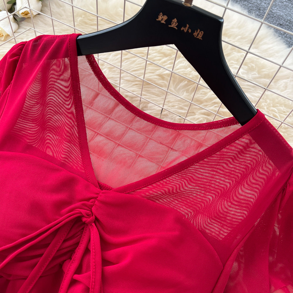 Elegant Red Short Sleeved Dress for Women Korean Style Pleated A-Line Long Skirt Sophisticated Flattering Slimming Work Dress_ecoleips.com
