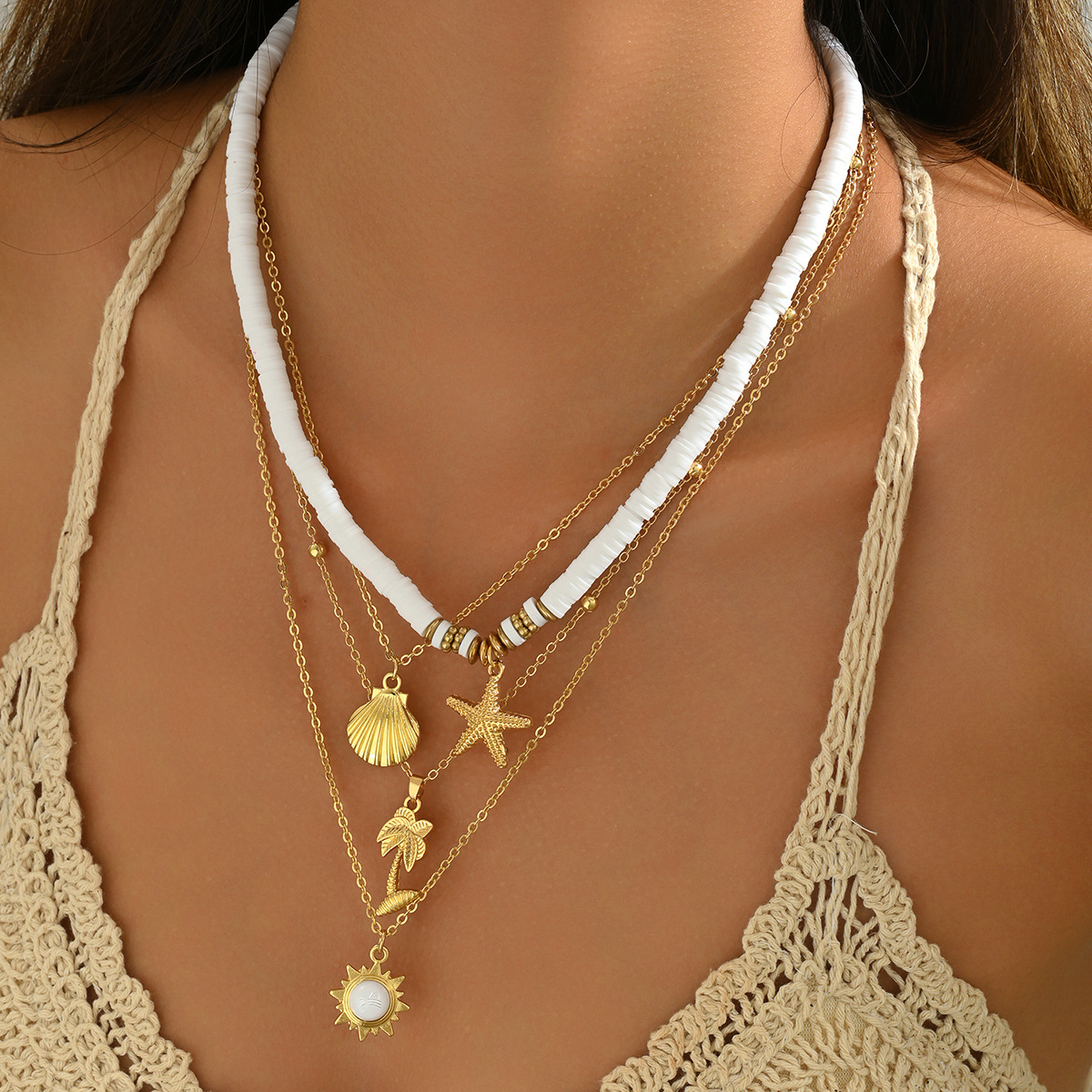 Starfish Shell Pendant Necklace Multi Layer Geometric Ocean Style_voghion.com