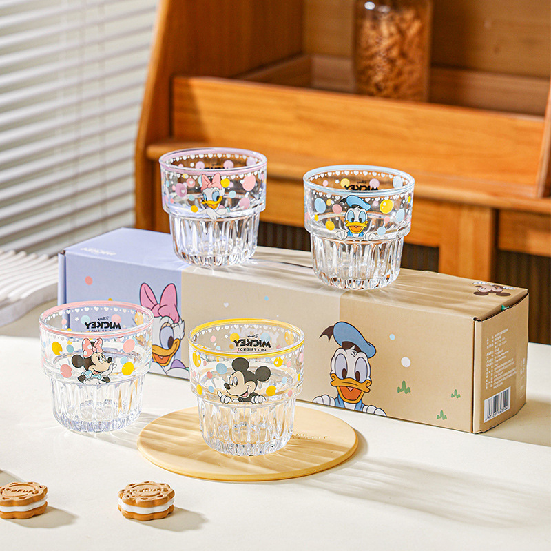 Nueva taza de vidrio de Disney, taza de agua de dibujos animados de lunares, taza de agua para el hogar femenina de alto valor, taza de agua para la oficina, pareja