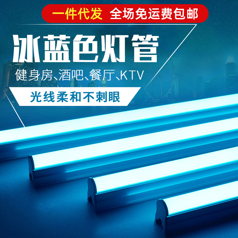 220V冰蓝色led灯管 健身房酒吧KTV直播海洋浅蓝彩色一体长条灯带