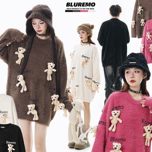 BLUREMO | Autumn and winter New fun cartoon bear doll sweater letter jacquard round neck loose sweater fashion