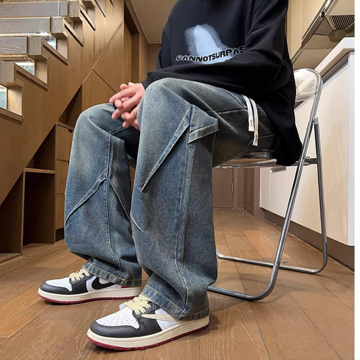 Men's Fleece-Lined Jeans, Loose Straight-Leg, Plus-Size Wide-Leg Pants, Winter Thickened Men's Pants, American Retro Style Pants for Men