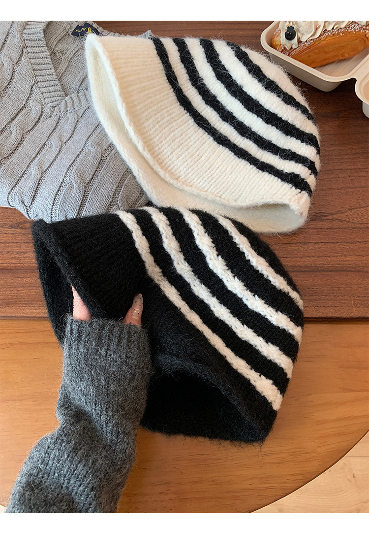 Cappello da pescatore in peluche retrò a righe in stile giapponese per donna, autunno e inverno, caldo, versatile, a tesa larga, snellente per il viso_voghion.com