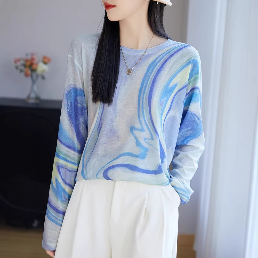 2025 New Autum Fine Water-Soluble Wool Tie-Dye Knitwear Women's Round Neck Long-Sleeved Thin Bottoming Top Wholesale
