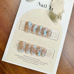 藍眼淚貓眼輕奢簡約名媛精緻短款高品堆鑽純手工穿戴甲美甲貼片