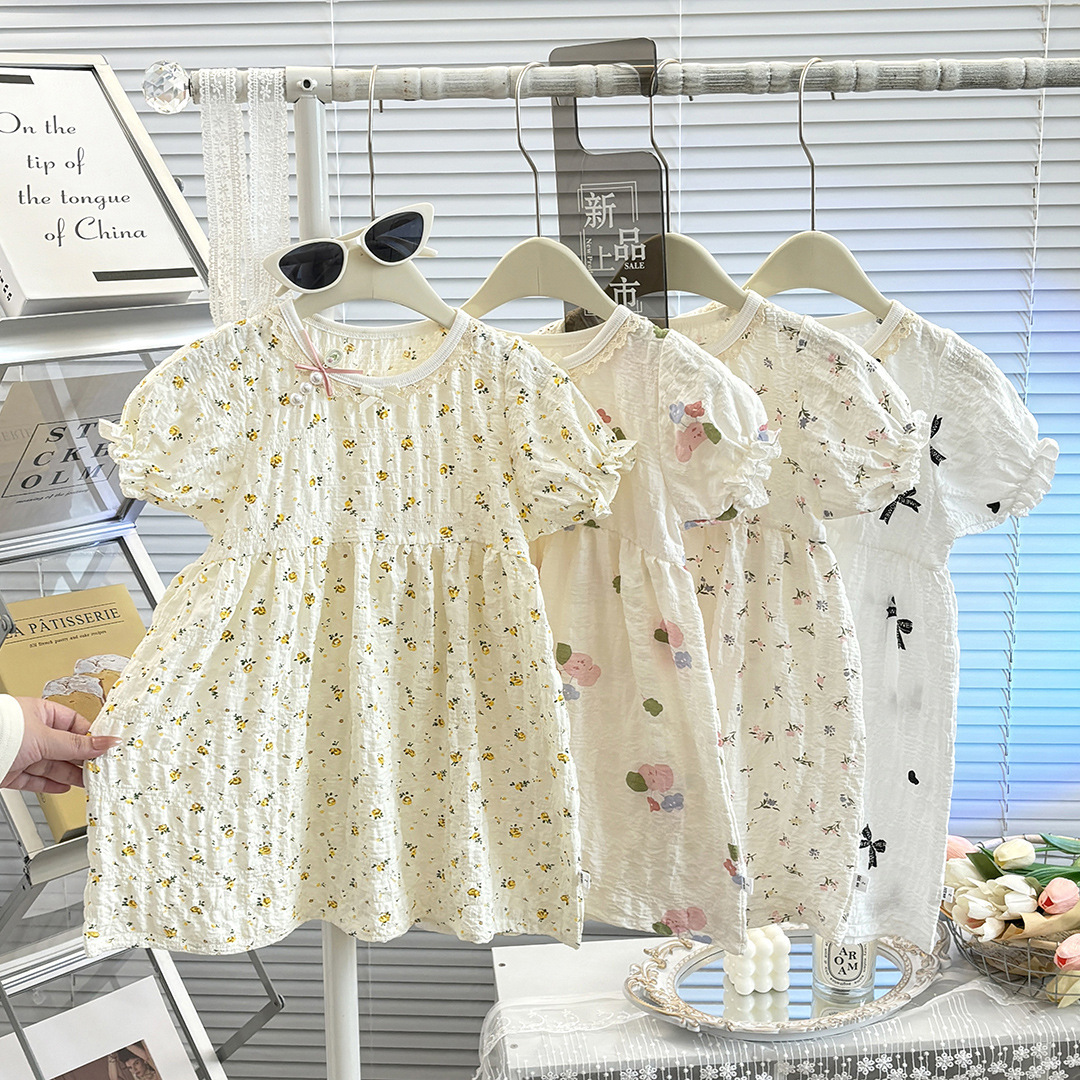 Ins Puff Sleeve Girls Dress Summer New Korean Style Floral Short-Sleeved Princess Dress Baby Category a Summer Children's Dress