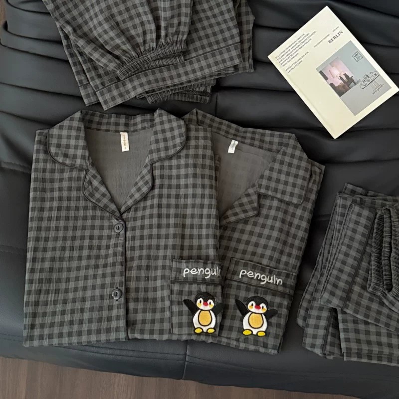 Black and Gray Penguin Large Size Couple's Pajamas for Men and Women, Thin Summer Pure Cotton Short-Sleeved Shorts, Plaid Home Clothes Three-Piece Set