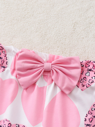 Baby Spring and Autumn Western Style Long-Sleeve English Printed Pants with Heart Printed Bow Decoration Girls' Comfort Set