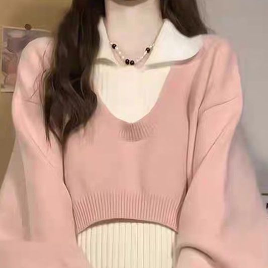 学院风领毛衣女春秋季新款短款两件套针织套装慵懒风翻领上衣|undefined
