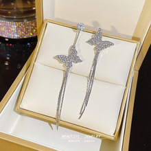 韩版新款超闪不对称蝴蝶流苏耳环轻奢小众设计感简约百搭耳坠耳饰