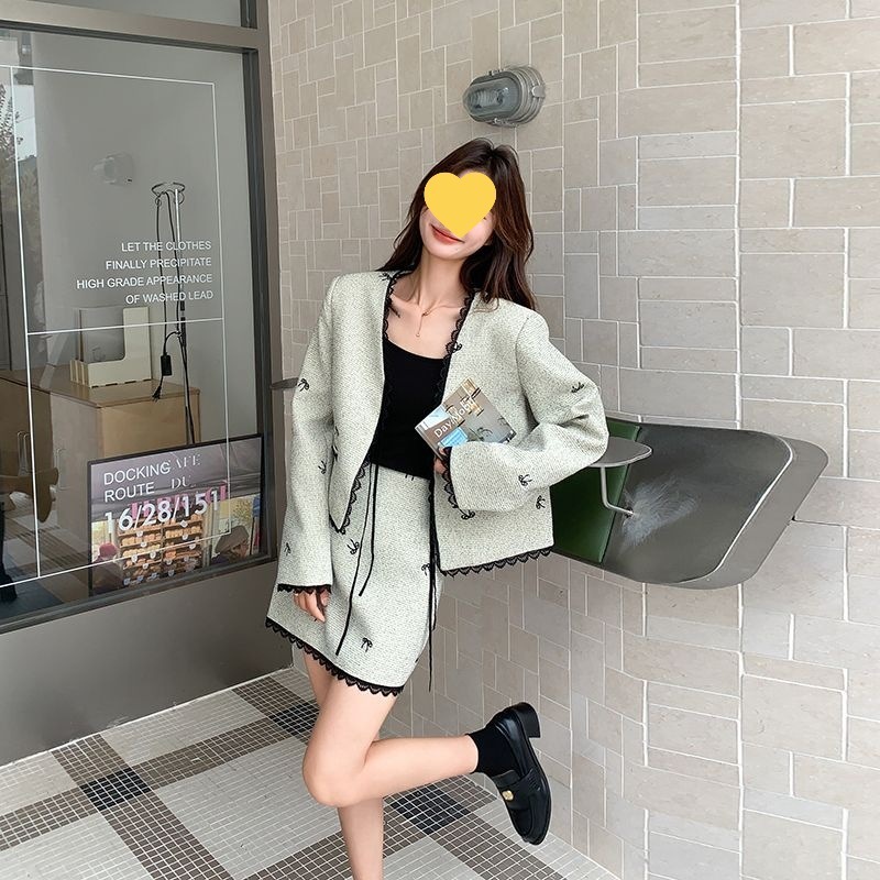 蕾丝拼接小香风套装裙女春秋2025新款小个子气质高级感短裙两件套|undefined