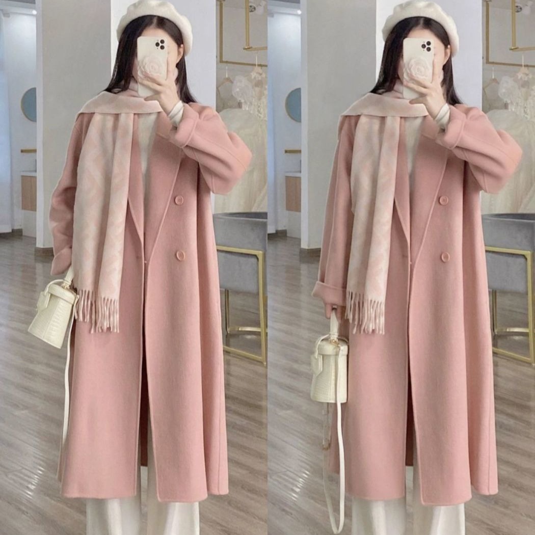 Mid-length Woolen Coat Women's Autumn and Winter Cotton Student Cocoon Loose Over-the-knee Coat Double-breasted Lazy Thick Windbreaker