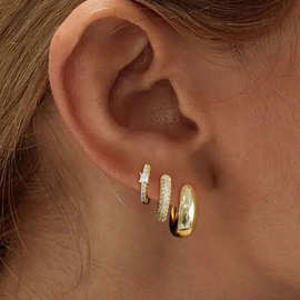 亚马逊14K金铜镶锆石满钻耳环单耳套装女士箍圆圈镶钻耳饰现货
