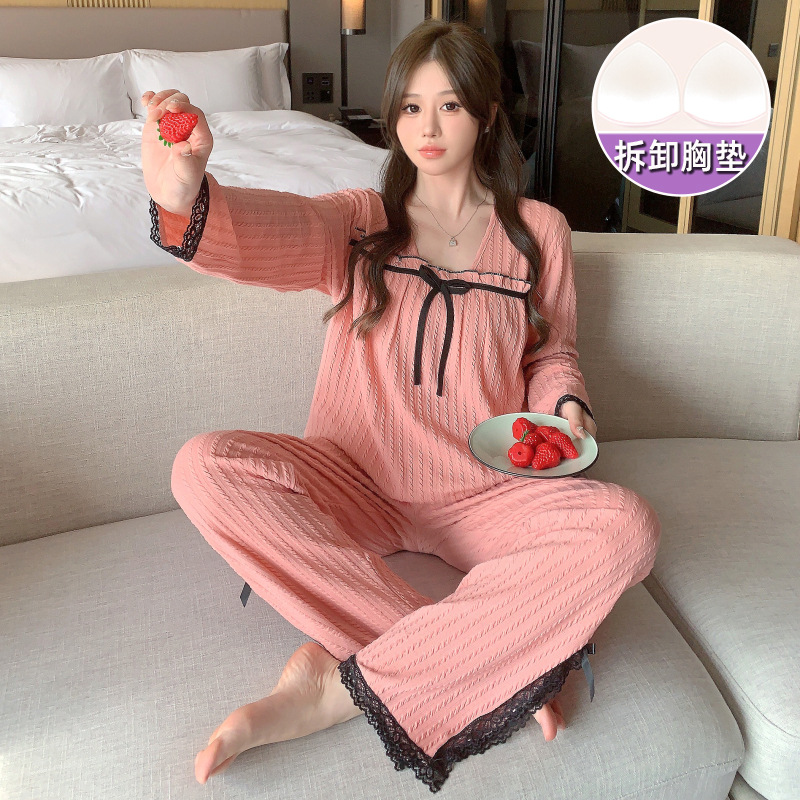 Chanel estilo pijamas para las mujeres de Primavera y Otoño nuevo algodón jacquard manga larga con almohadilla en el pecho suelta más el tamaño ocasional desgaste del hogar traje