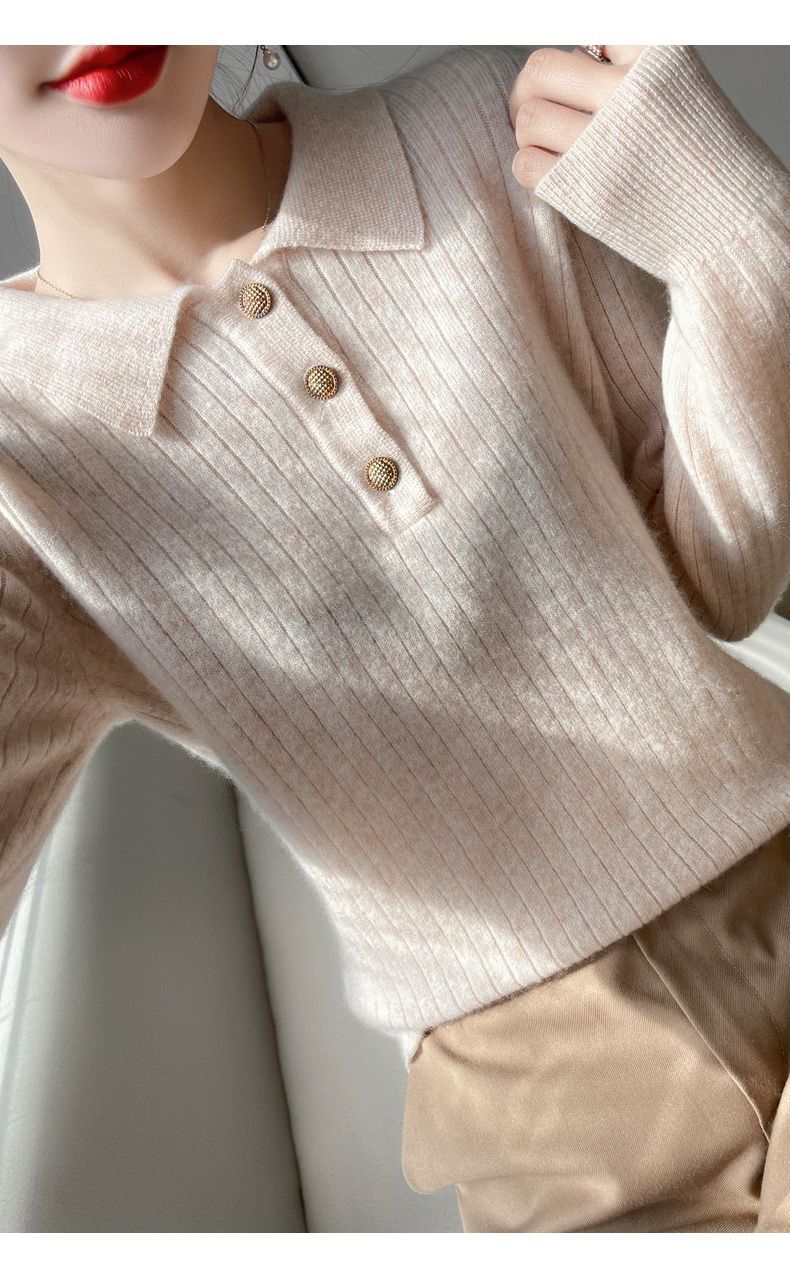 【 Cashmere Family】 Maglione corto in lana con collo polo, stile femminile, con strato interno lavorato a maglia, autunno/inverno_voghion.com