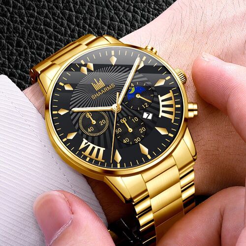Cross-border new minimalist scale fashionable three-eye business watch for men, steel strap, non-mechanical casual calendar men's watch
