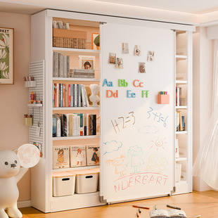 Household Iron Bookshelf with Sliding Whiteboard Door Living Room Bedroom Floor-Standing Storage Rack Bookshelf Combination Children's Bookcase