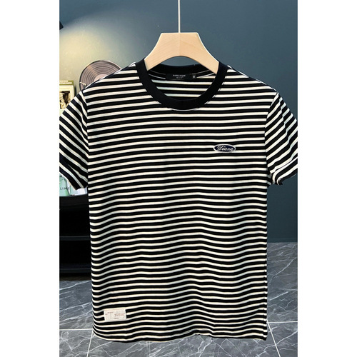 Men's Trendy Short-Sleeve T-Shirt with Ice-Texture Elastic Striped Material - Summer New Arrival Casual Loose Fit Stylish Crew Neck Top