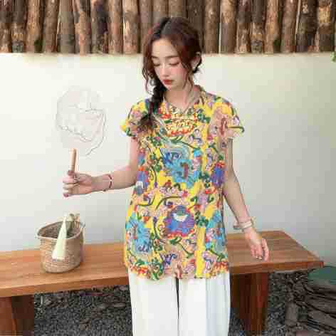 2025 Summer Cotton Silk National Style Short-Sleeved Cheongsam T-Shirt Tops for Women New Chinoiserie Artificial Cotton Elegant Versatile Shirts