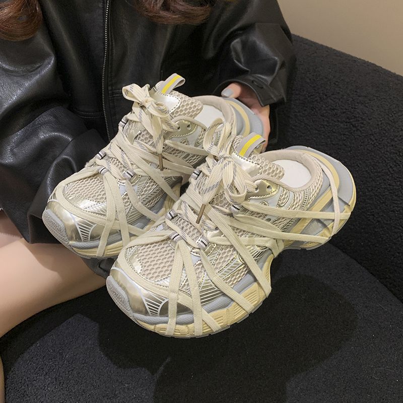 Spider Web Thick-Soled Lace-Up Closed-Toe Half-Slip Shoes for Women, Dad Shoes, 2026 Autumn New Model, Breathable Casual Slippers