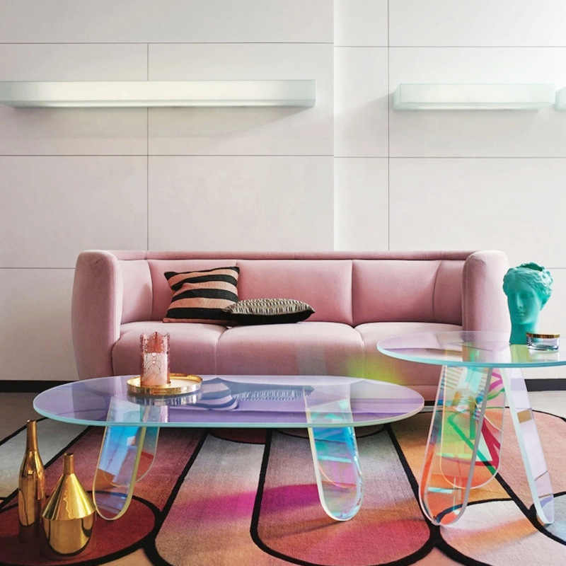 亚克力炫彩茶几有机玻璃神仙渐变色桌子钢化玻璃圆边形角几 批发