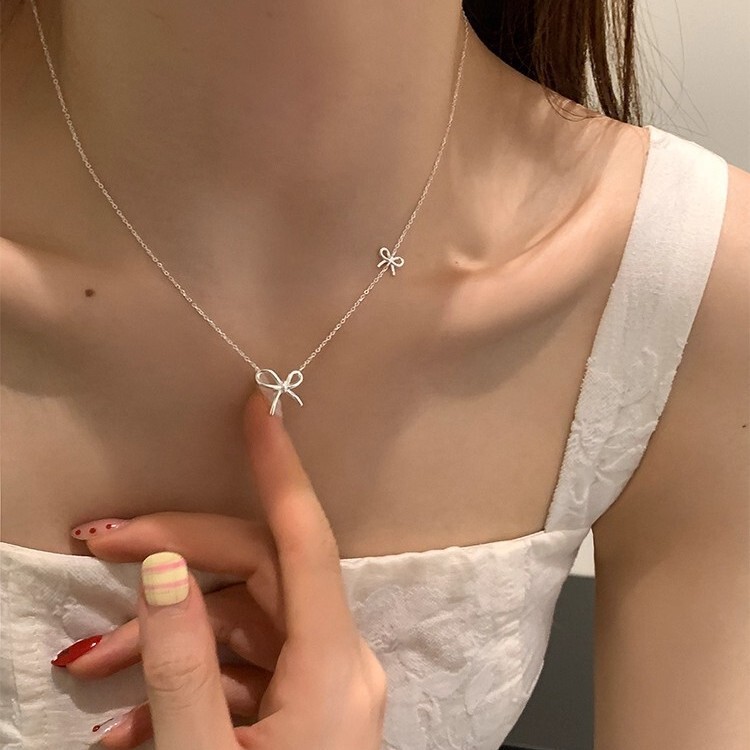 日韩S925纯银 蝴蝶结项链甜美少女心ins简约小众高级感轻奢锁骨链|undefined