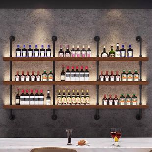 Wall Wine Rack Restaurant Bar Barbecue Shop Bar Wall-Mounted Iron Multi-Layer Solid Wood Storage Shelf