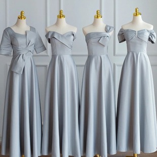 Satin Bridesmaid Dress 2024 New Summer Wedding Sisters Evening Dress Women's Grey Long High-end Niche Dress