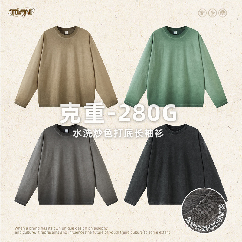 TILANI Men's Wear Waste Earth Style Old Vintage Series 280 Washed Fried Color Crewneck Long-sleeved T-shirt Men's and Women's Base Shirt TILANI Men's Wear Waste Earth Style Old Vintage Series 280 Washed Fried Color Crewneck Long-sleeved T-shirt Men's and Women's Base Shirt